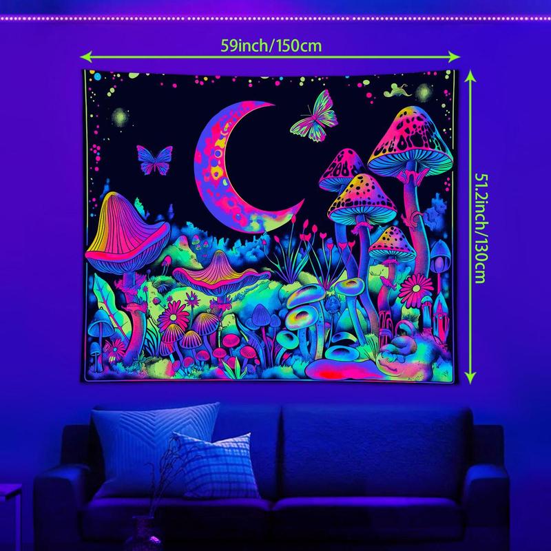 Mushroom & Moon & Butterfly Pattern Tapestry, 1 Count UV Reactive Fluorescent Durable Decorative Tapestry, Neon Light Effect Wall Hanging Blanket for Home, Multicolor Decoration Items, Home Goods, Tapestry Wall Mural Mushroom & Moon & Butterfly Pattern Tapestry, 1 Count UV Reactive Fluorescent Durable Decorative Tapestry, Neon Light Effect Wall Hanging Blanket for Home, Multicolor Decoration Items, Home Goods, Tapestry Wall Mural