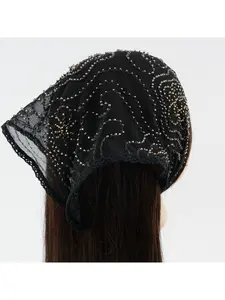 Female Elegant Lace Beaded Sequined Headscarf for All Seasons Mesh Tulle Triangle Bandana Turban Hairband Unique Designer Small Shawl Daily Evening Party Headwear Hair Accessory