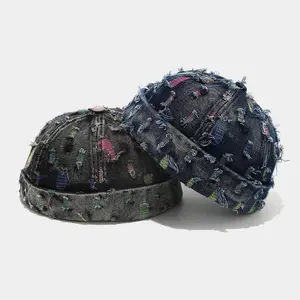Vintage Distressed Denim Brimless Docker Hat • Y2K Heavy Ripped Grunge Multi-Color Woven Patchwork Beanie Cuff Cap for Men Women