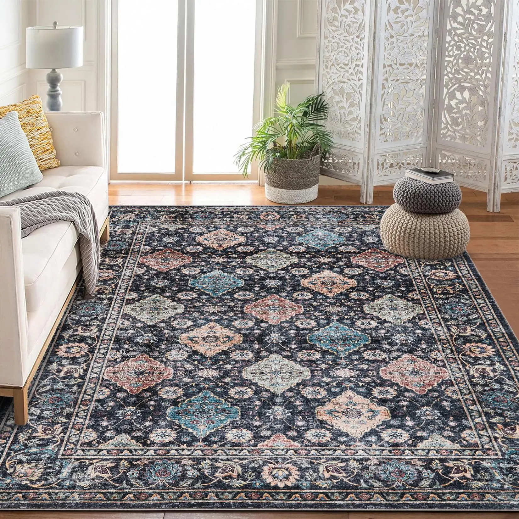 Garvee - 9 x 12 inch area rug, classic style, washable, with floral print, soft, low pile, non-slip, for living room, bedroom, entryway, kitchen