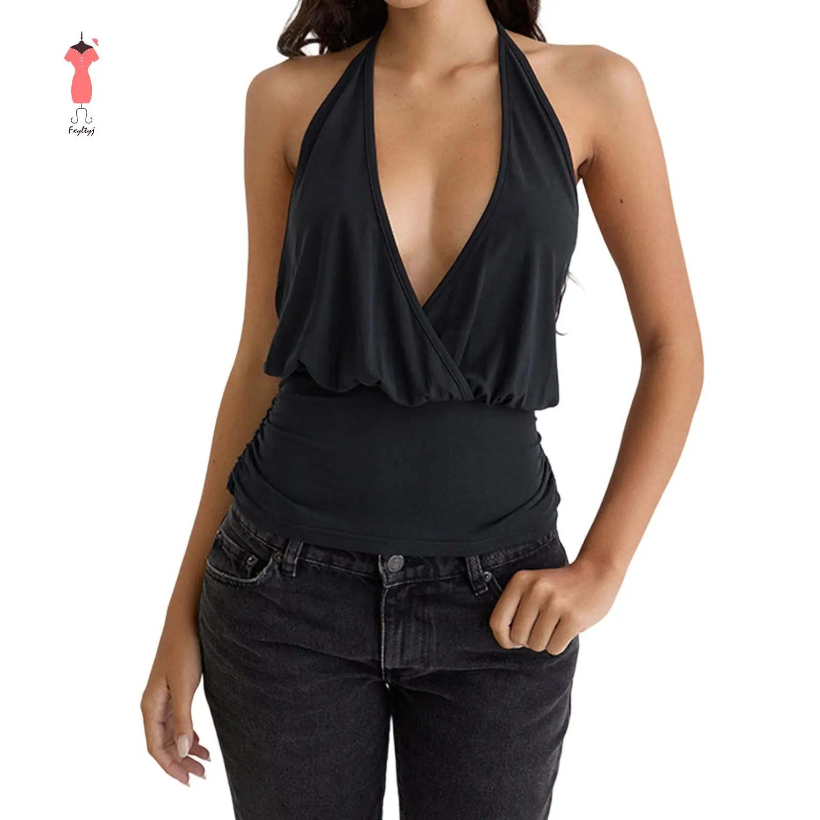 Women's Summer Halter Tops Stylish Solid RuchedFit Backless Sleeveless Vest Womenswear Polyester