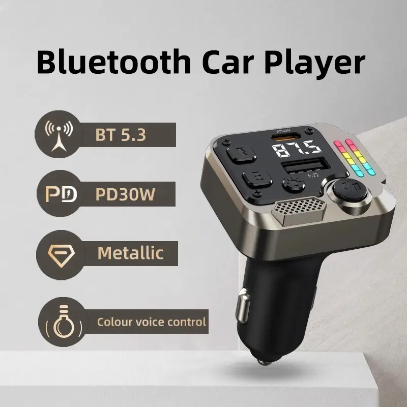 Car Bluetooth FM Transmitter BT5.3 Wireless MP3 Player PD30W QC3.0 USB Type C Fast Charger Color Voice Control RGB Lights Metal Body LED Digital Display Handsfree Calling Support U Disk TF Card Multifunction Car Accessories Car Essentials Cool Car Gadgets