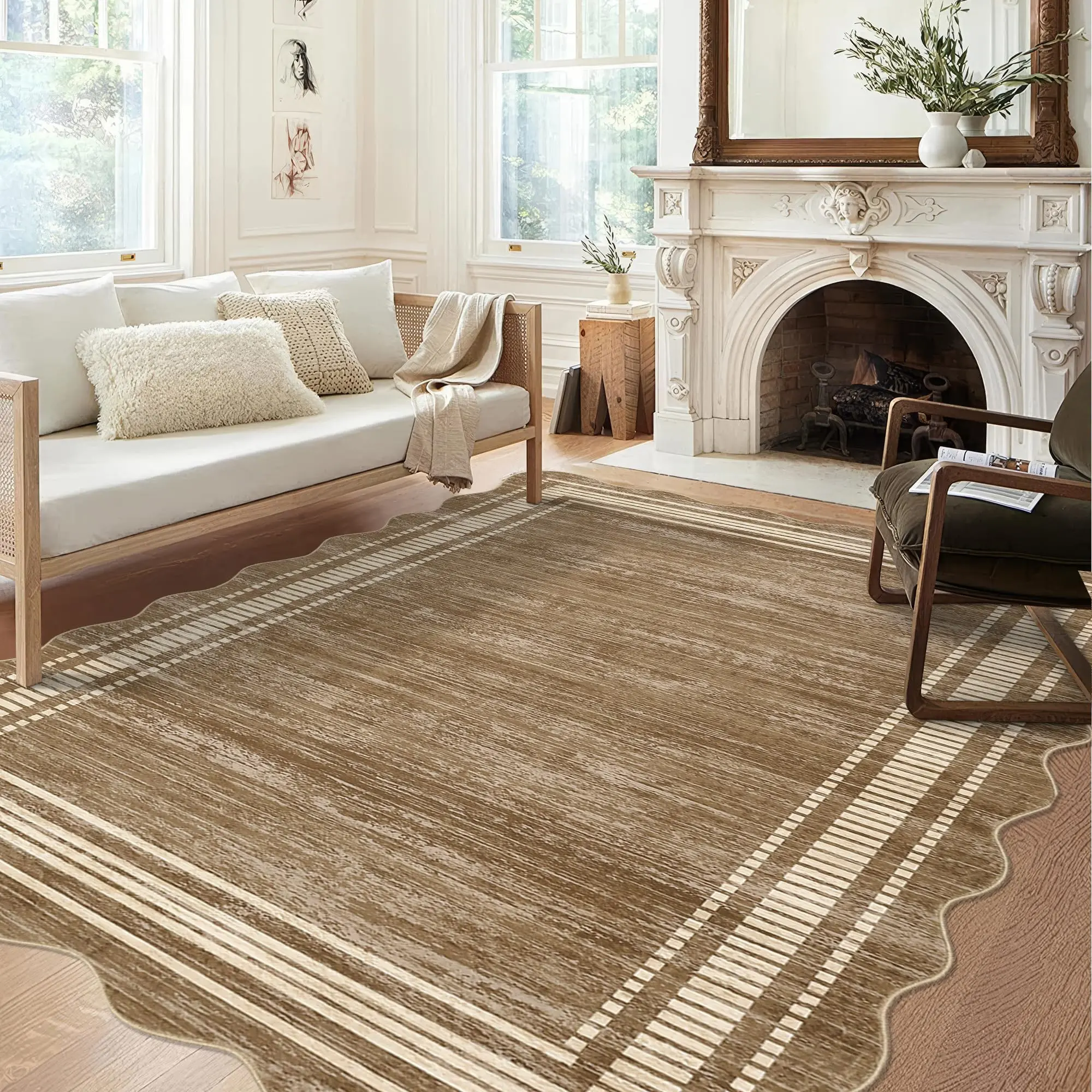 GARVEEArea Rug 9x12 Washable Rug Living Room Rugs Soft Indoor Floor Carpet Modern Bordered Irregular Mat Scalloped Throw Rugs Non-Slip Low-Pile Abstract Mat for Dining Room Office Nursery Dorm Camel