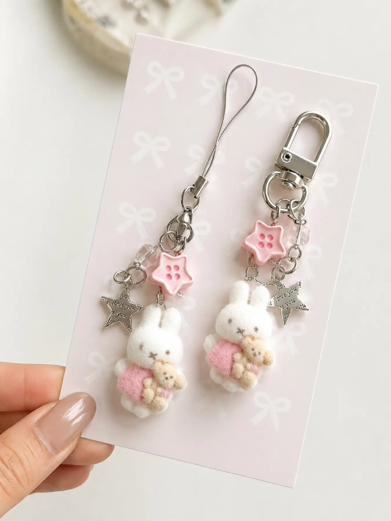 2PCS Plush Bunny Keychain Set, Cute Rabbit & Teddy Bear Charms with Pink Star Pendants, Kawaii Phone Charm & Bag Keychain, Matching Backpack Accessories, Keychain for Backpack