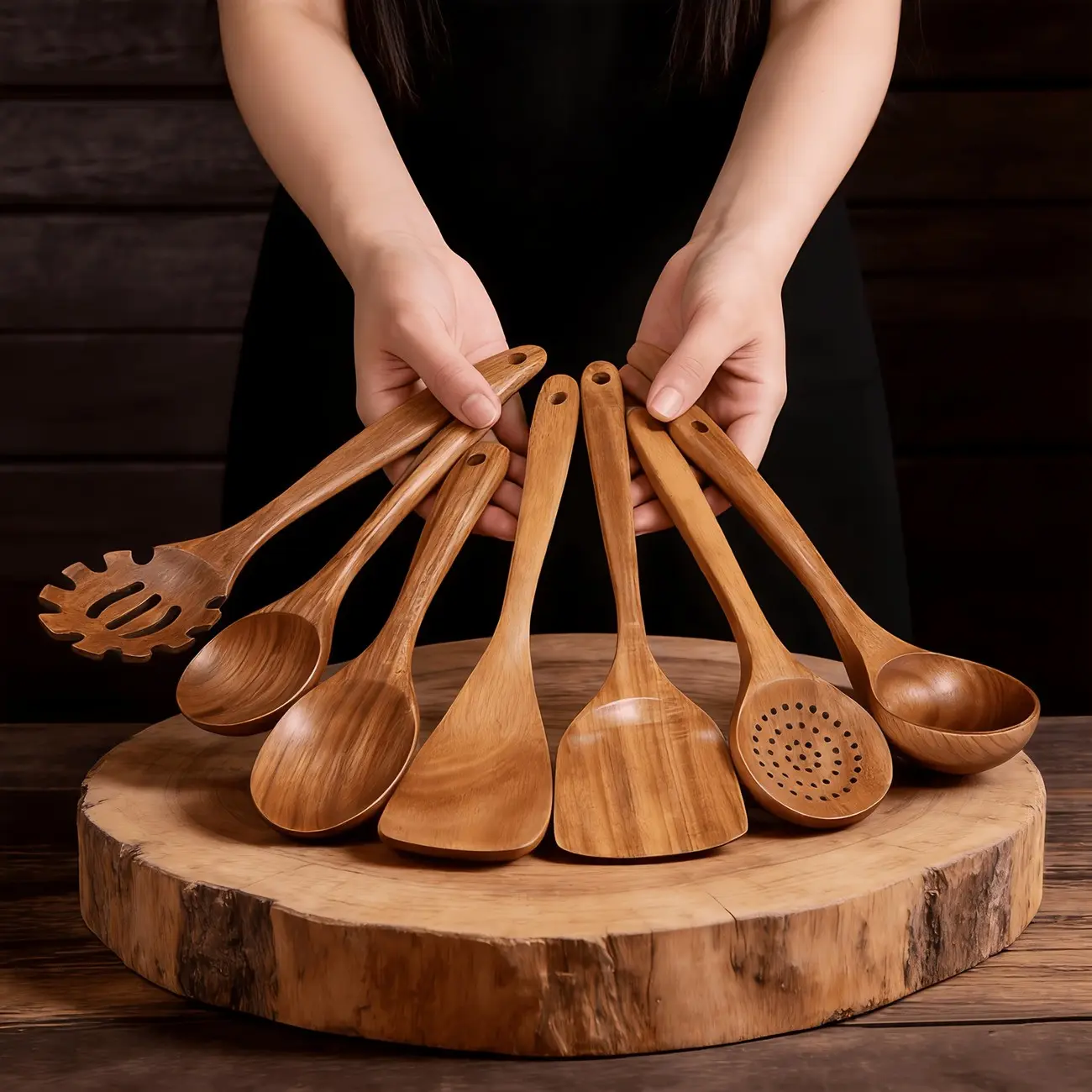 7-Piece Natural Wood Kitchen Utensil Set, Non-Stick Cooking Tools, Handmade Spoons and Ladles, Wooden Cooking Utensils, Wooden Kitchen Utensil Set, Ideal Gift for Holidays, Durable Outdoor Camping Gear