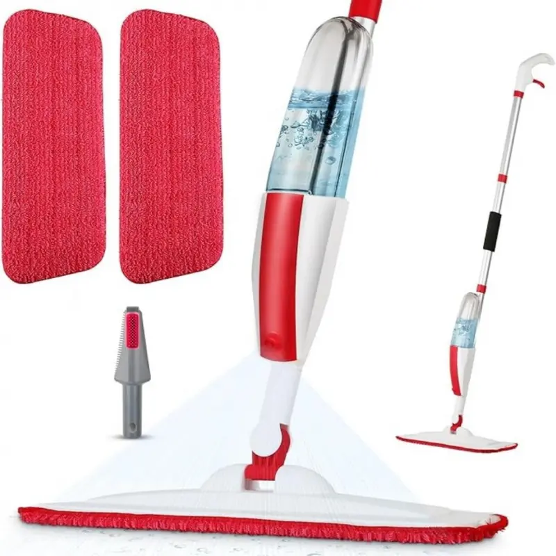 Wet spray mop system for floor cleaning, equipped with a 14 ounce bottle and 2 ultra-fine fiber pads | refillable bottle, washable pad, both dry and wet, suitable for household or commercial cleaning of hardwood, laminated board, wood, and ceramic floors