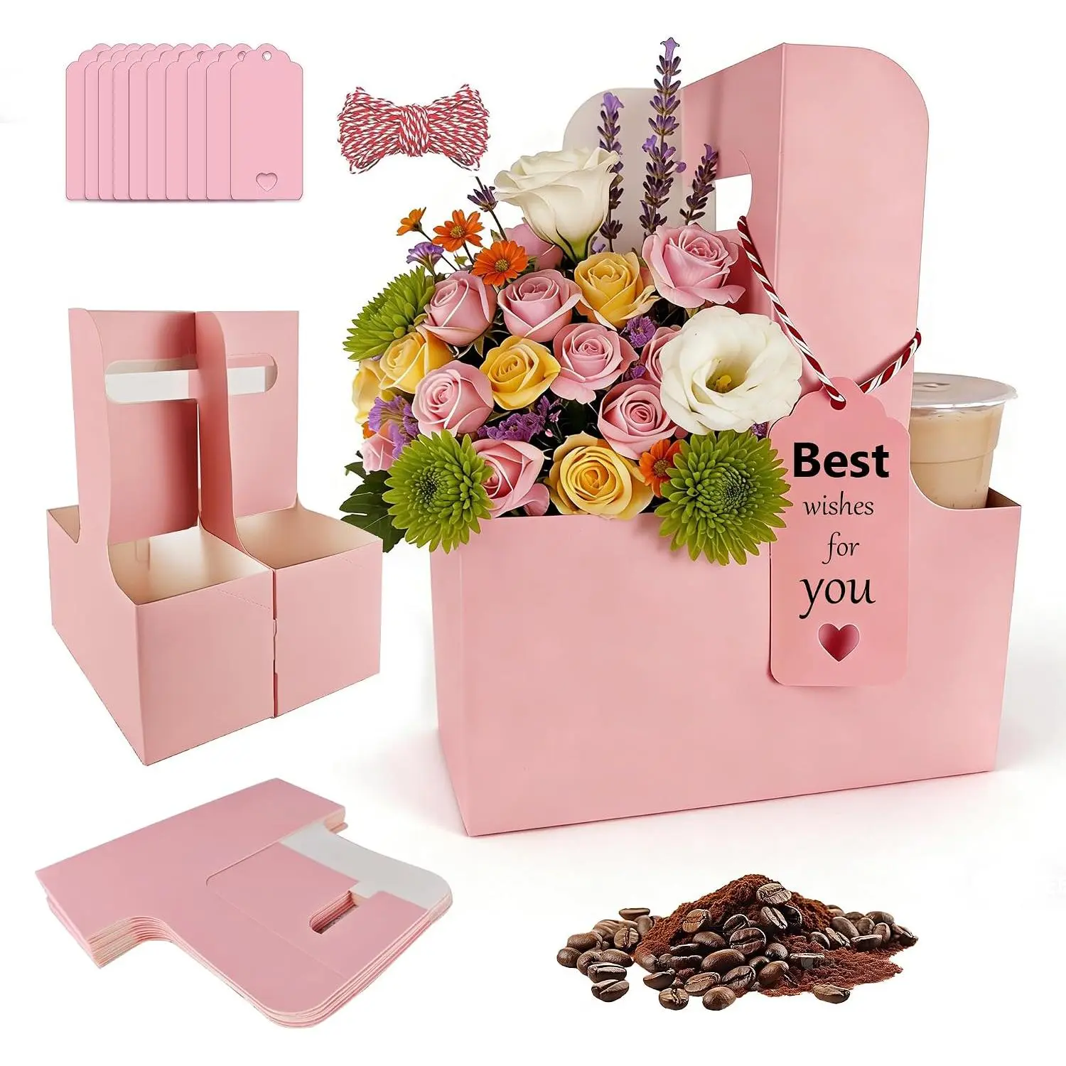 15 Pack  2 Cup Drink Carrier with Handle, Disposable Cardboard Coffee Cup Holder for Hot or Cold Drinks, Coffee Carrier with Ribbon & Card for  Delivery, Takeout and Bouquet Arrangement