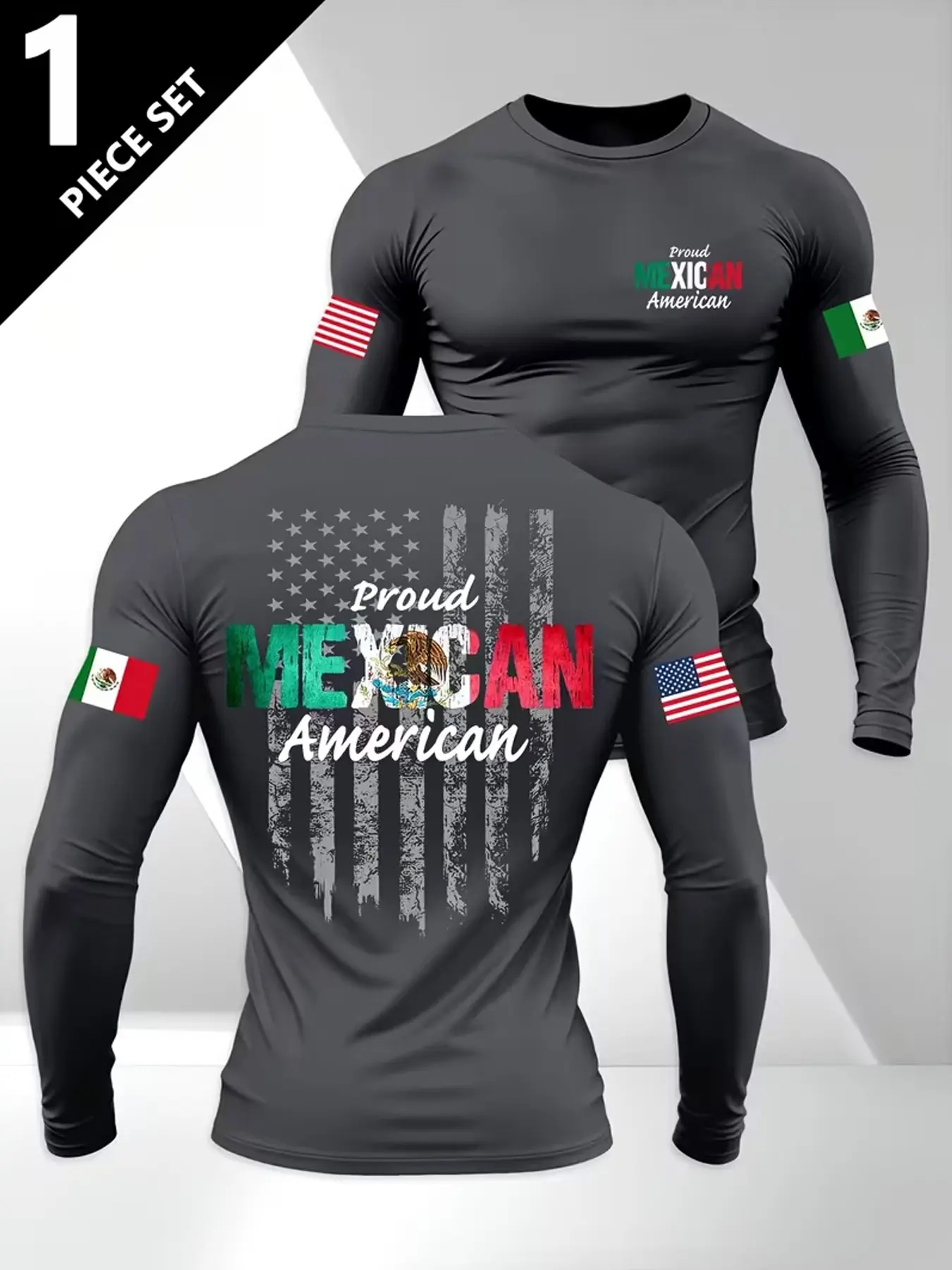 Men's Proud Mexican American Dual Flag Long Sleeve Compression Shirt Mexico USA Dual Heritage Bicultural Quick Dry Athletic Fitted Tee For Hispanic Heritage Casual Outfits