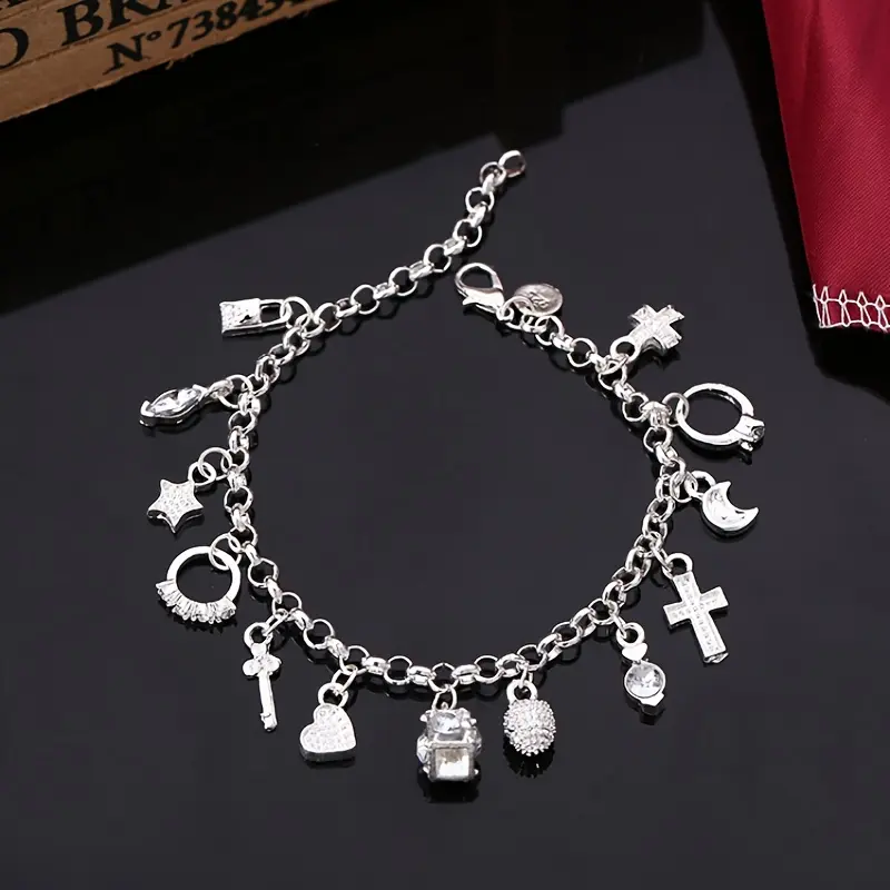 Silver Plated Charm Bracelet for Women – 13 Pendant Boho Chain with Heart Key, Water Resistant Adjustable Jewelry, Trendy All Match & Exquisite Summer Beach Accessory for Daily Wear Decor, Fashion Birthday Gift for Girls Wife Girlfriend, Bangle, Bracelets