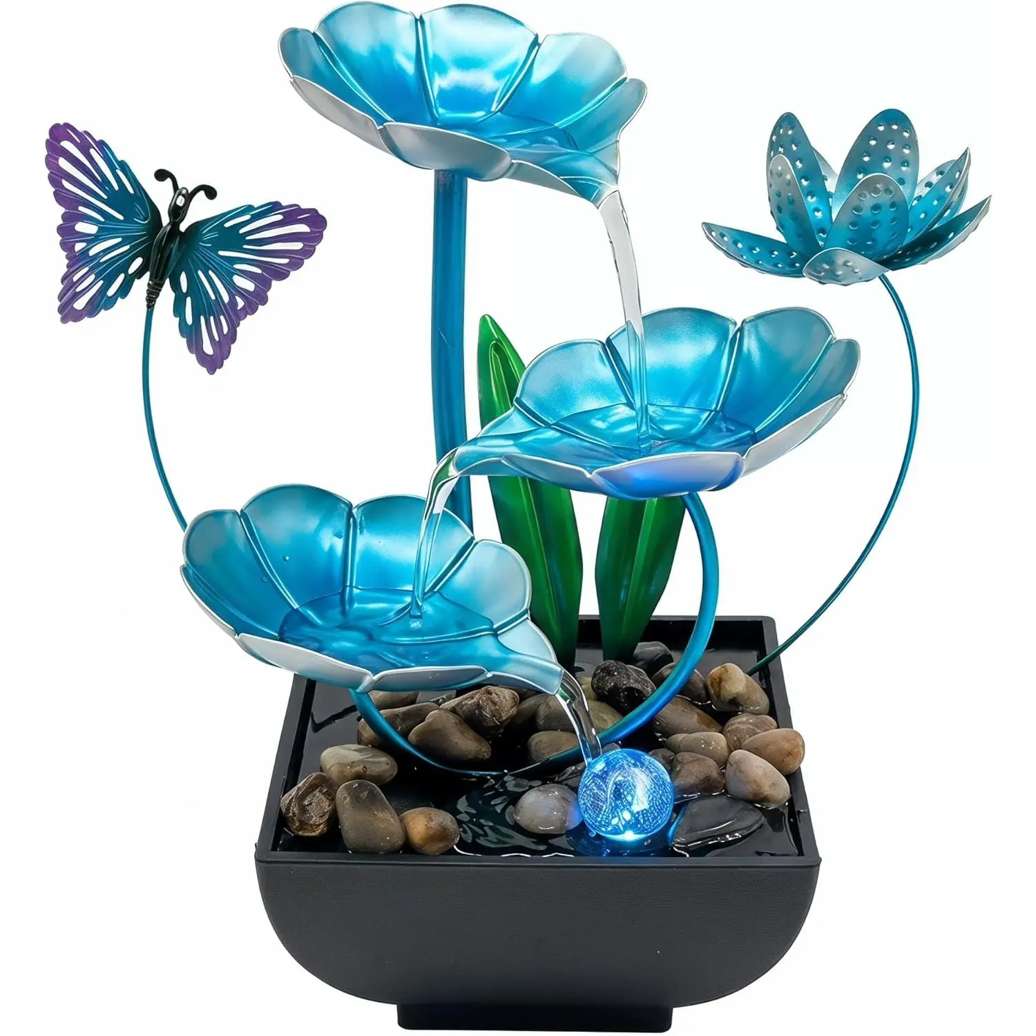 Zen Metal Tabletop Fountain with Lotus & Butterfly Artwork, Indoor Water Decor Set with Color-Changing LED Light for Soothing Relaxation, Magical, Kitchen, Leaf, Gift, Nature, Ornaments