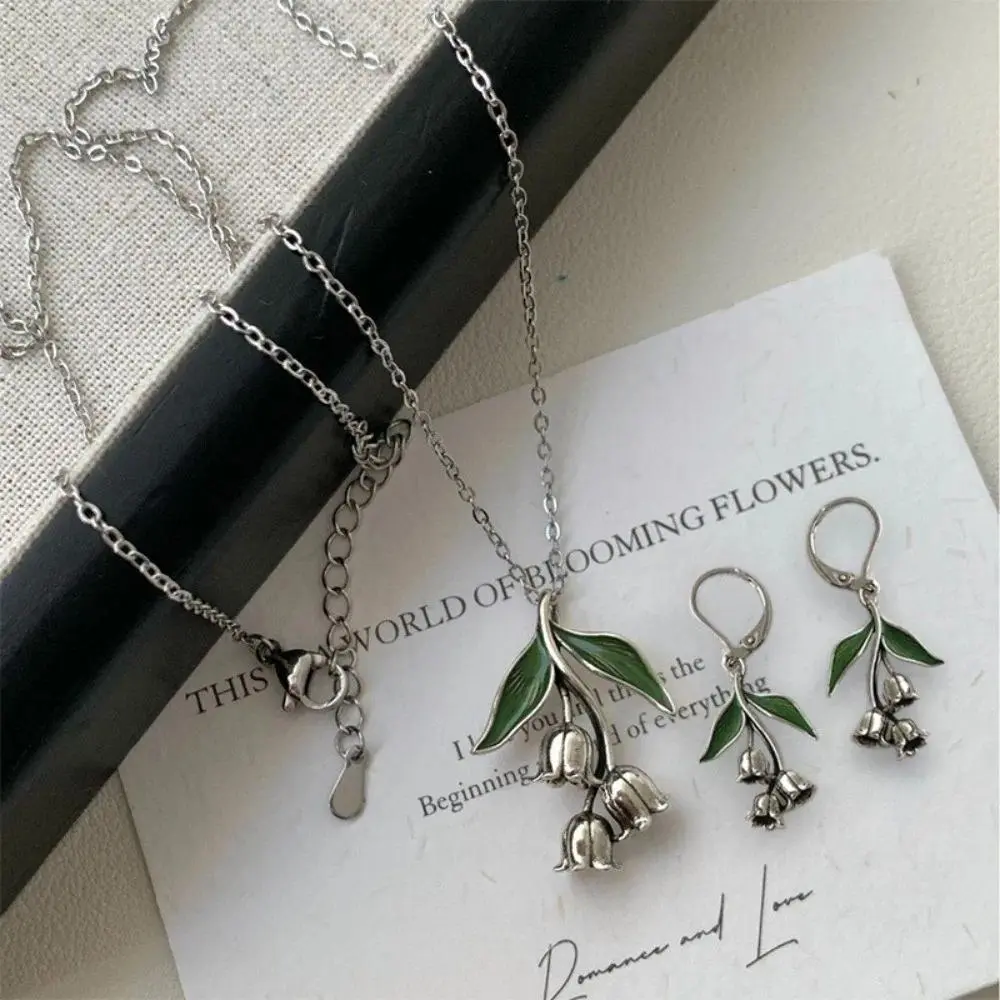 Women's Vintage Lily of the Valley Drop Jewelry Set - Silver Alloy Floral Botanical Style Earrings, Flower Drop Necklaces with Dainty Look for Everyday Wear, Lily Flower Necklaces, Female, Drop Earrings