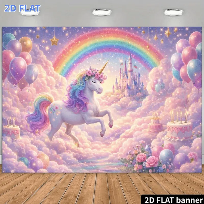 2D Flat Banner 1pc, A 2D Unicorn-Themed Birthday Party Backdrop Featuring a Dreamy Rainbow Design Complete with Two Unicorns Rainbows Pink And Blue Balloons Golden Stars a Castle a Birthday Cake Pink Roses And Cloud Decorations. I