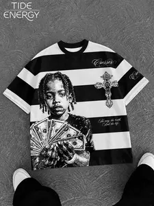 Vintage Y2K Striped Portrait Cross Graphic Print Loose Short Sleeve T-Shirt, Casual Breathable Fabric, All Seasons Daily Wear