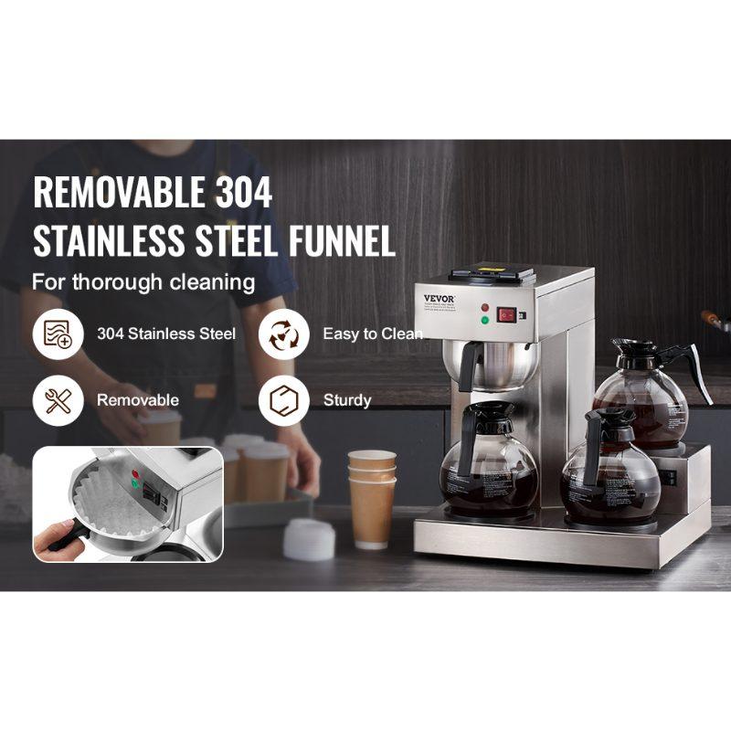 VEVOR 12 Cups Commercial Drip Coffee Maker, Coffee Maker Machine with 3 Glass Carafes and 3 Warmer Plates, Stainless Steel Pour Over Coffee Brewer with Auto Water Intake, for Restaurant Office Cafe