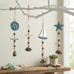 Mediterranean Wooden Wind Chime with Starfish & Sailboat Ornaments, Nautical Bell Hanging Decor, Home, Kindergarten & Christmas Holiday Pendant
