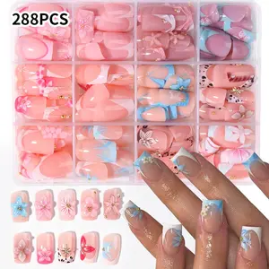 288pcs Square Press-On Nails, 3D Gel Flower, Shell, Star Designs, Medium Length, Acrylic Material, Nail Art Supplies, Perfect for Daily Use & Parties