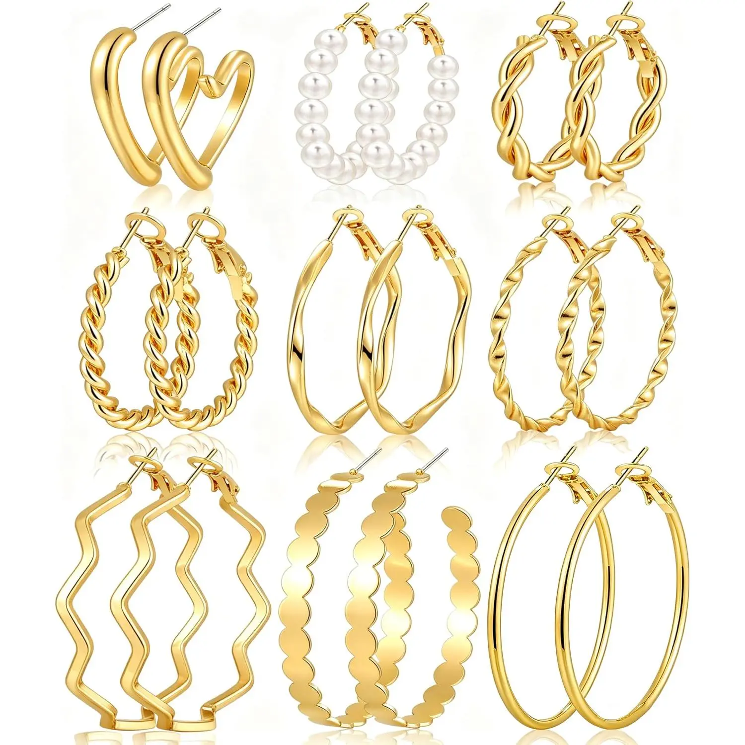 12 Pairs  Hoop Earrings Set for Women, Lightweight Hoop  | Large hoop earrings, 30mm 40mm 50mm sizes, Lightweight design, 14K  plated, ,