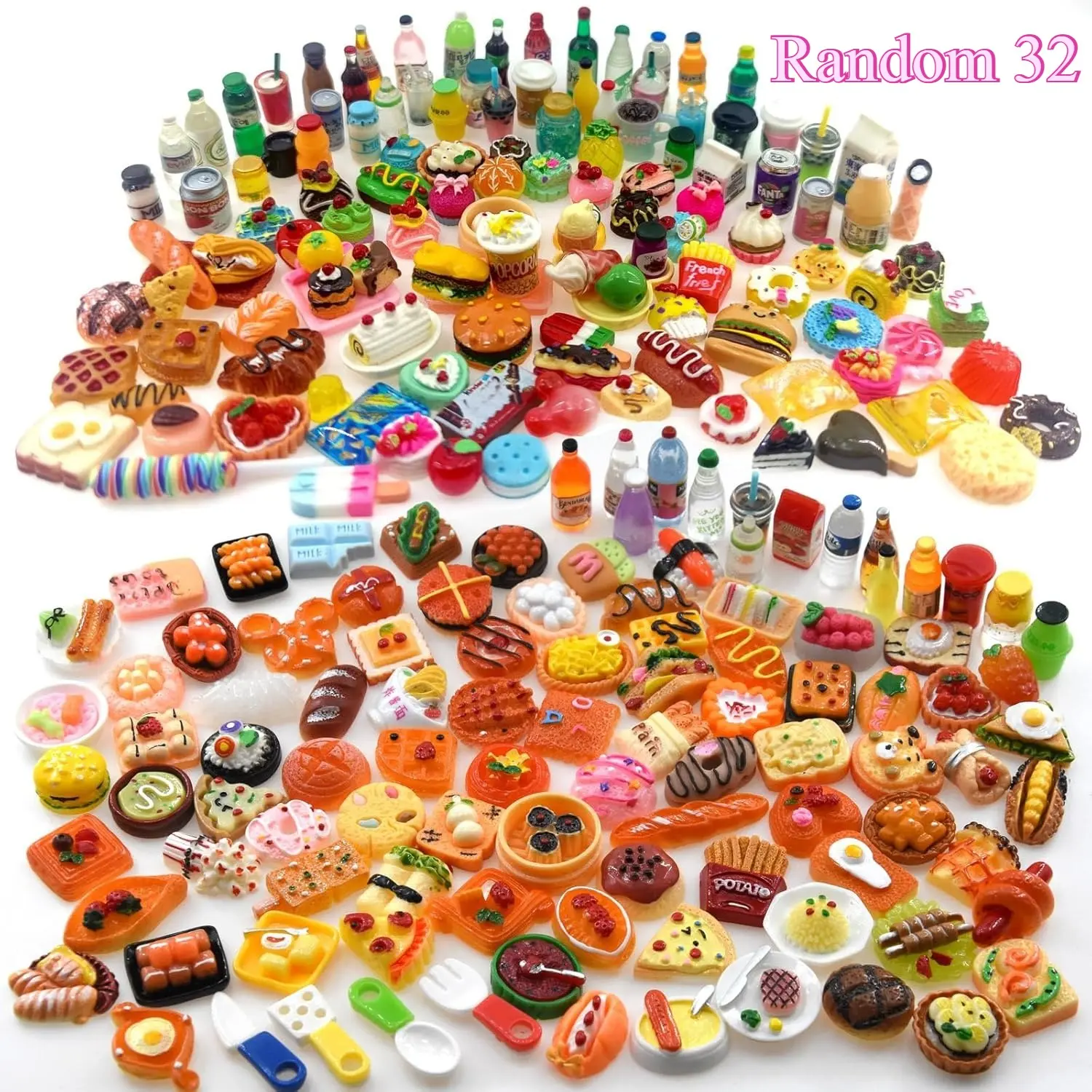 Random 32/64-piece Mini Food Decoration Set - includes pizza, fries, chocolate, and more, miniature kitchen accessories | fun mini games | realistic textures, perfect for MINI kitchens and crafts, holiday decorations / festive miniature displays