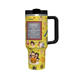 1 Travel Mug with 2D Cartoon Design, Yellow Background, Black Handle and Lid, Featuring Burger Menu and Character Illustrations, Stainless Steel Construction.