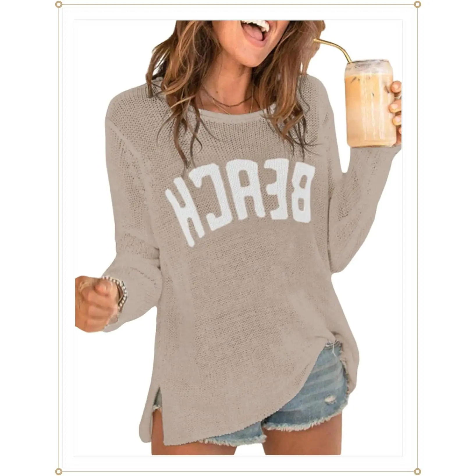 COZYEASE Women's Beach Cover Up Letter Print Long Sleeve Sweater Crew Neck Split Hem Crochet Jumper Top(Gift)