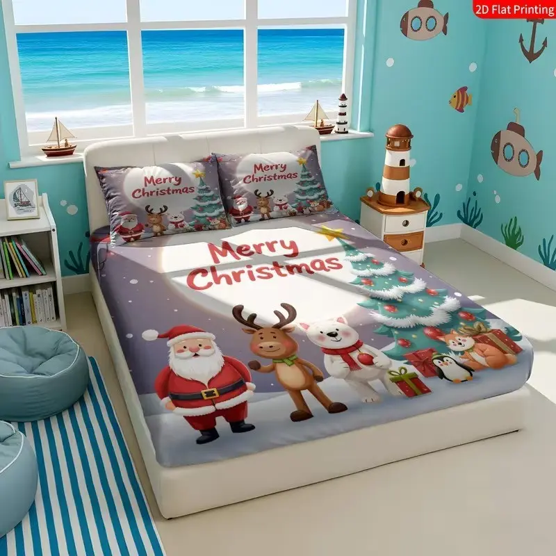 3-piece Christmas fitted sheet set, featuring Santa Claus, reindeer, Christmas tree prints, and "Merry Christmas" text - red and green festive bedding, machine-washable fitted sheet and pillowcases (unfilled)