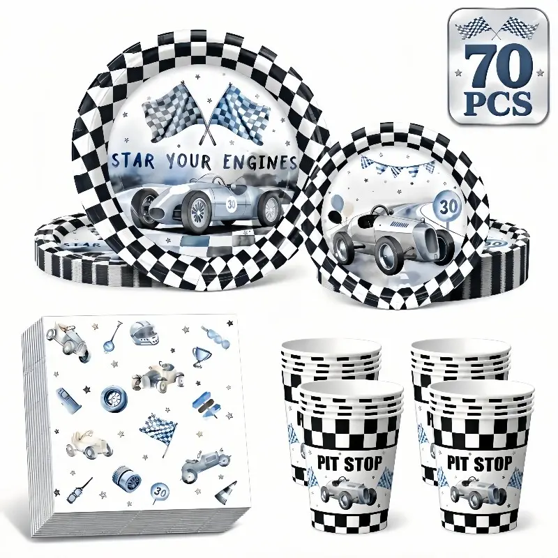 70-Piece Vintage Racing Disposable Cutlery Set, Checkered Pattern, Oil-Resistant Thickened, Party Plates Cups Napkins