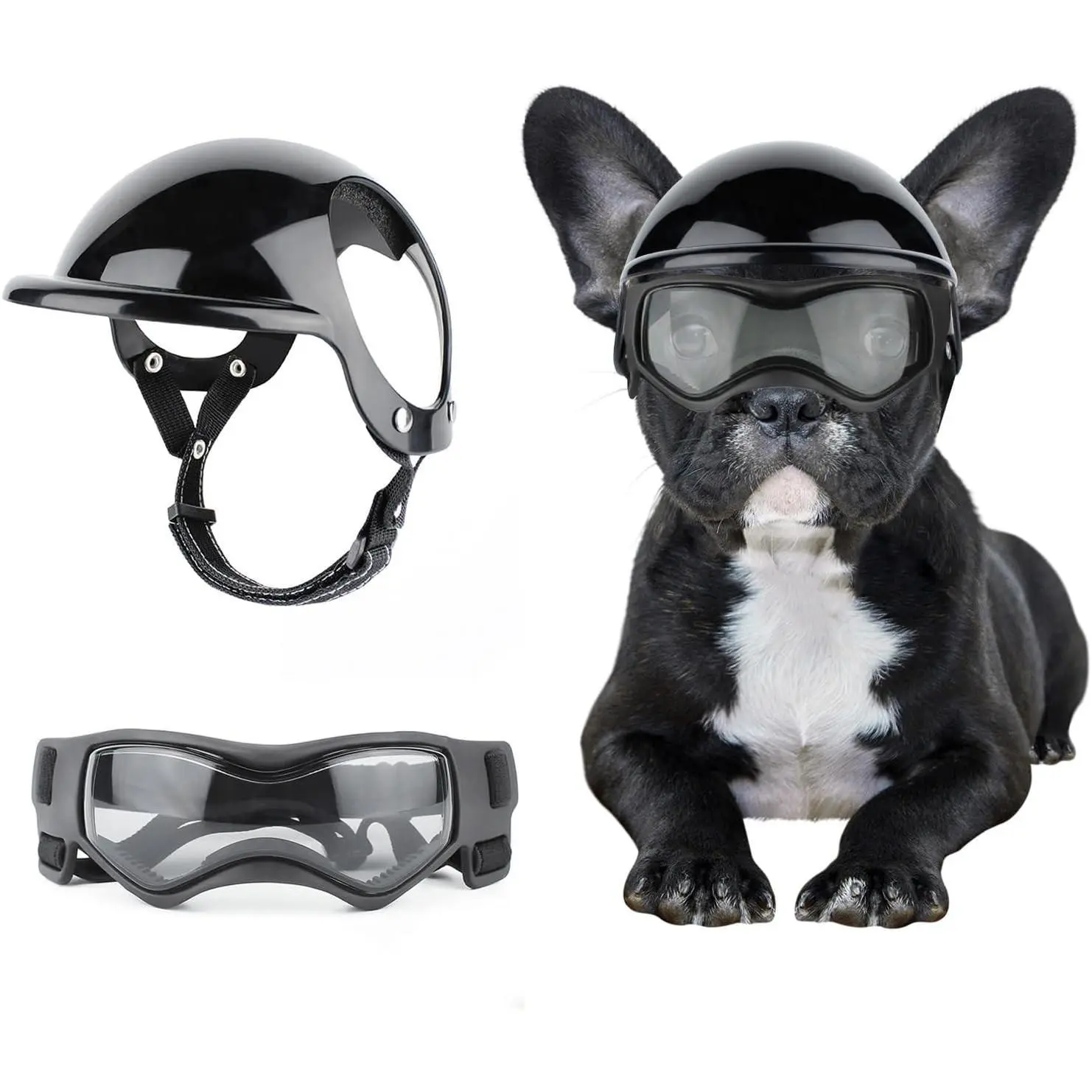 Dog Helmet and Goggles for Small Dogs - Pet Goggles Pet Motorcycle Helmet Hat with Ear Holes Adjustable Straps Safety Helmet for Puppy Riding - Black