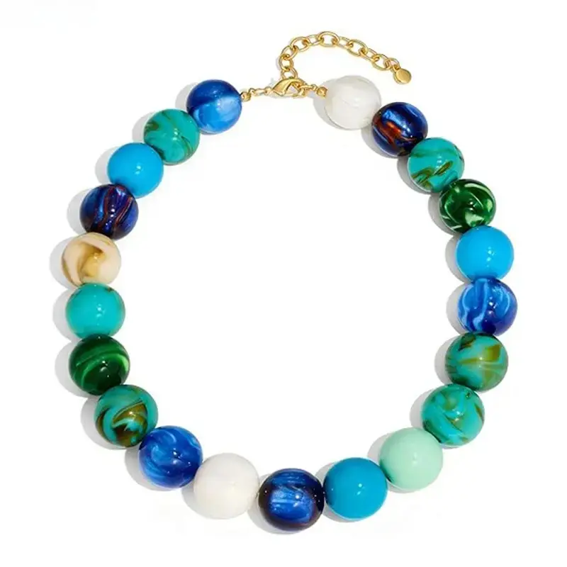 Women's Chunky Ocean Marble Beaded Necklace, Bold Blue-Green Swirl Colorful Beaded Choker with Adjustable Gold-Tone Clasp for Summer Sports & Outdoor Activities, Colorful Beaded Necklace
