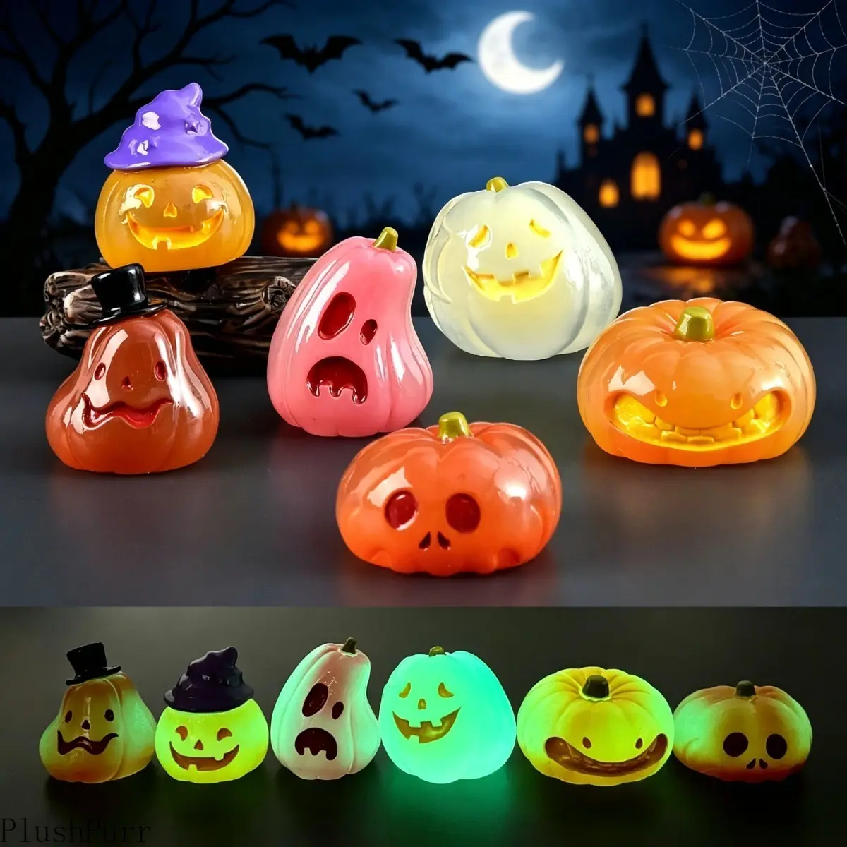 10 Piece Glow-in-the-Dark Luminous Resin Miniature Pumpkins Set - 1.1x0.95 Inches Waterproof Resin Figurine Statue, Decoration Items for Halloween Party Centerpiece, Fall Home Decor Supplies
