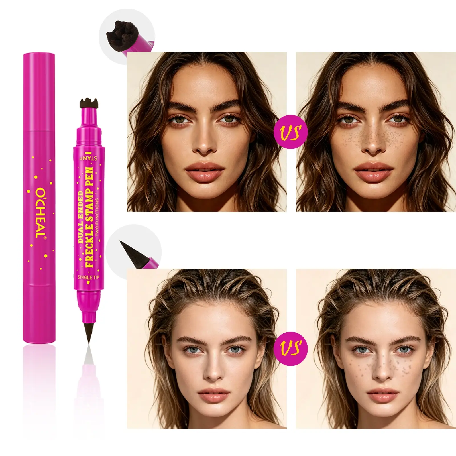 Dual Ended Freckle Stamp Pen, 3 in 1 Natural Freckle Makeup Stamp & Fine Tip Eyeliner Pen, Long Lasting Waterproof Brown Freckle Marker for DIY Sun-kissed Freckles & Eye Liner Makeup