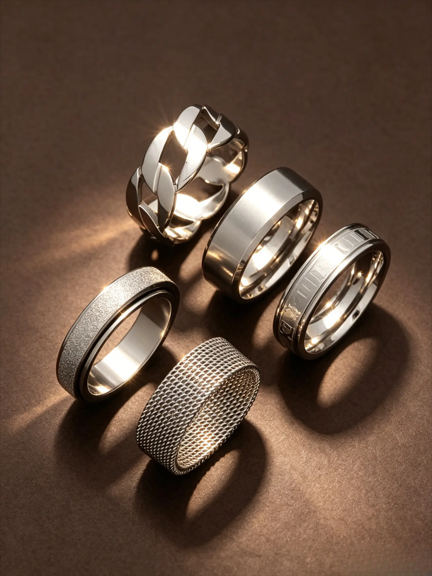 5 Pcs Multi Texture Stainless Steel Band Ring Set Roman Numeral Engraved Mesh Hollow Chain Spinner Wide Finger Ornament Three Color Plated Minimalist Unisex Stack Jewelry For Daily Bar Travel Photoshoot Valentine Father Birthday Anniversary Holiday Gift F