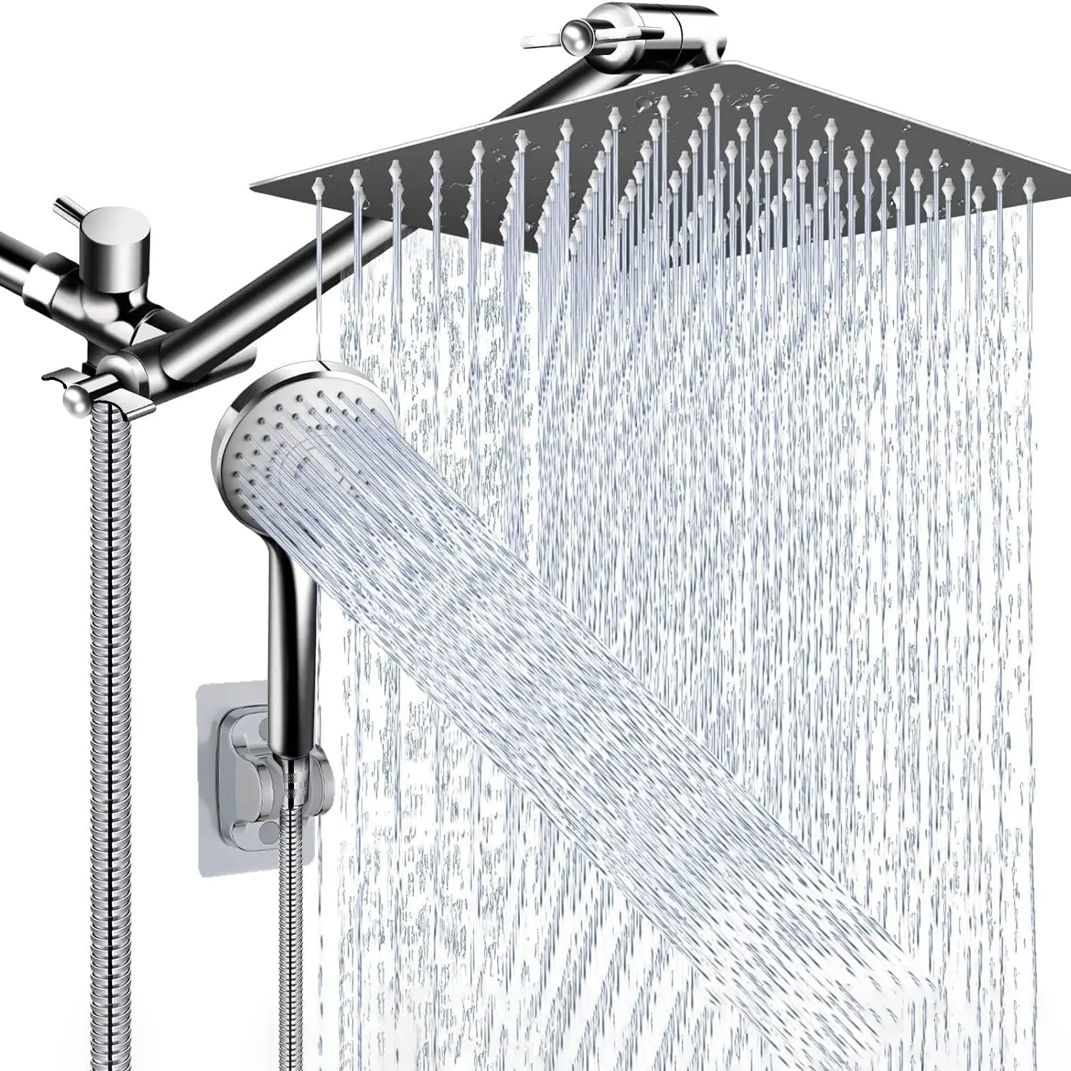 High-Pressure Bathroom Shower Head Set, 10-Inch Adjustable Arm, 5 Handheld Settings, Long Hose, Low Water Pressure, Powerful Spray