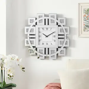23.6 in Square MDF Border Silent Wall Clock, Beveled Transparent Glass Inlaid Faux Crystals, Roman Numerals Quartz No-Ticking Decorative Clock for Living Room, Bedroom (Easy Installation)