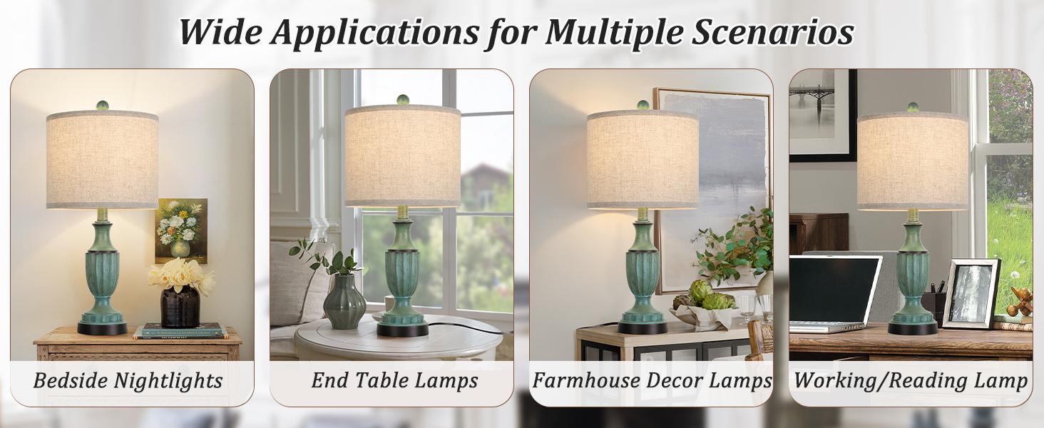 Farmhouse Living Room Table Lamps Set of 2, Green Rustic Vintage Table Lamps for Bedroom Nightstand, Antique Bedside Desk Lamps with Linen Shade, 22’’ Traditional Resin Lamp Sets for End Table