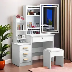 Vanity With Mirror And Chair, 34.8" Elegant White Make Up Vanity Desk With Sliding Mirror With Light& Touch Control 3-Color Adjustable Lights, – Modern Space-Saving Dresser For Bedroom, Birthday Gift, Christmas Gift For Children And Little Girls