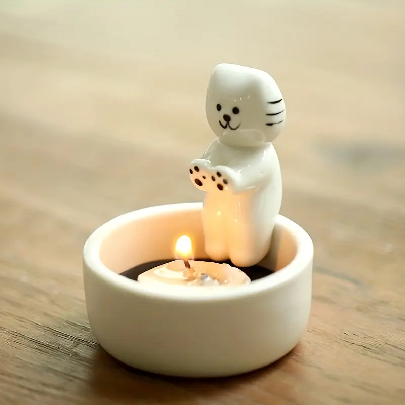 Minimalist Creative Ceramic Candle Holder – Cute Cartoon Cat Warming by the Fire; Heat-Resistant Tabletop Ornament, Craft Piece, or Valentine's Day Gift