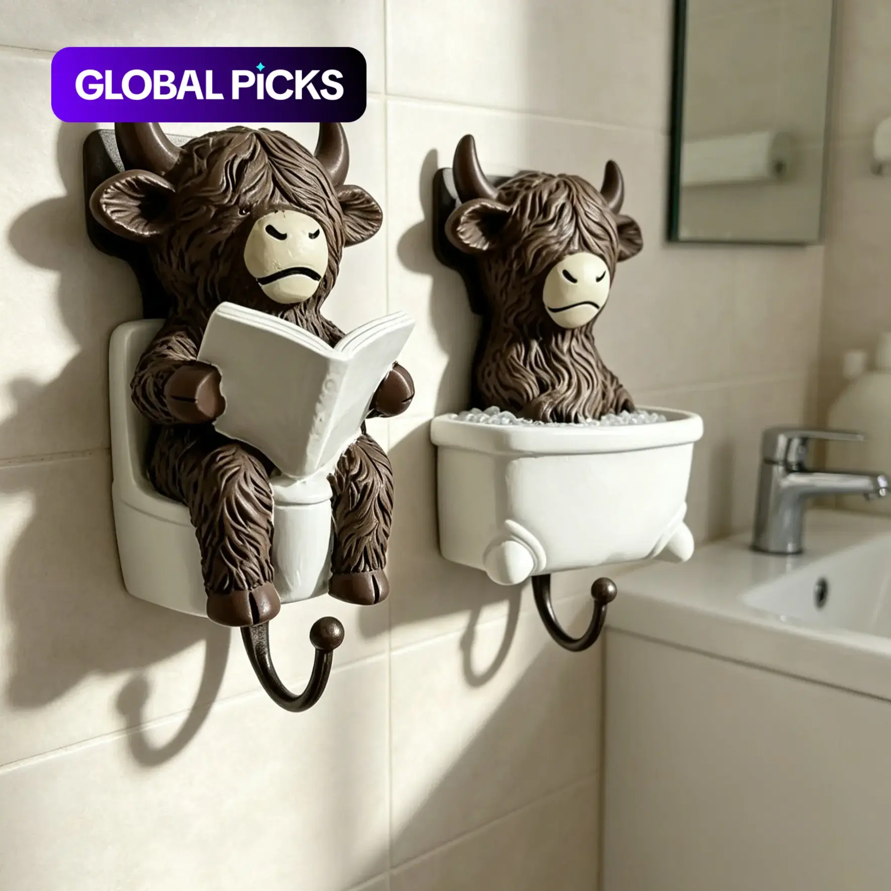 Funny Bathroom Decor Hooks Set, Bathroom Accessories, Highland Cow Book Toilet Hook, Farmhouse Style Ceramic Hook, No Drilling, Wall Mount, Perfect Gift