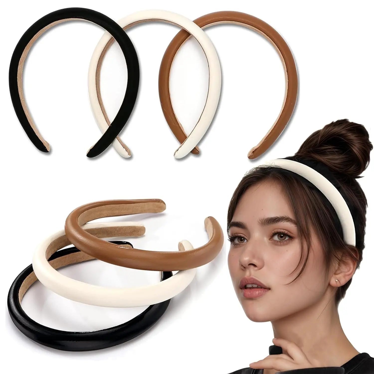 Female Padded Solid-Color Leather Headbands, Plain Fashion Hair Accessories (Black + White + Brown), Casual