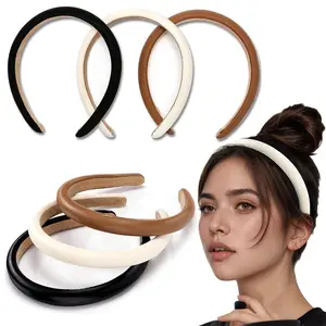 Padded Headbands for Women, Solid Color Leather Headbands, Fashion Headwear, Hair Accessories (Black + White + Brown)