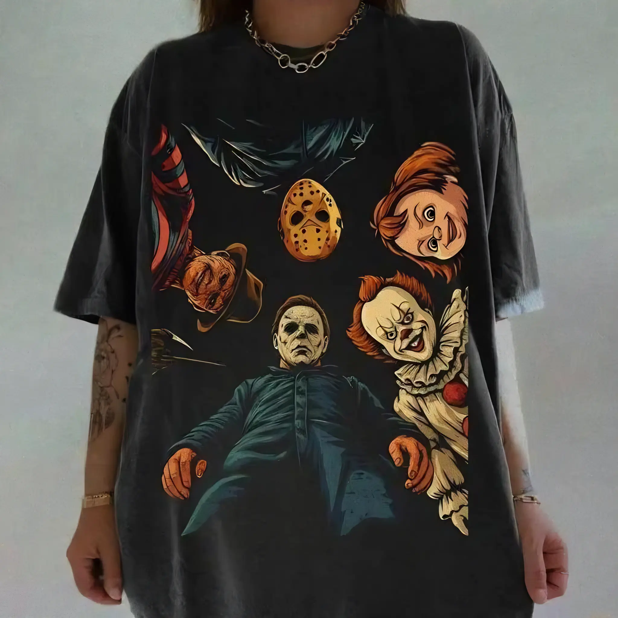 Men's Retro Halloween Characters Top - Lightweight Smooth Fabric T-Shirt, Vintage Horror Movie Graphic Tee, Spooky Season Slim Fit Shirt, Round Neck, Printed, Cotton, Halloween Ghost Pumpkin Print Men's Short-Sleeve T-Shirts