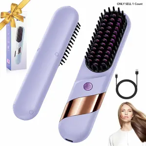Cordless Hair Straightener Brush, Portable Hair Straightening Brush for Travel, USB Charging Hot Hair Brush with 4 Temperature Adjust, Lightweight Anti-Scald Straightener for Home, Office & Travel