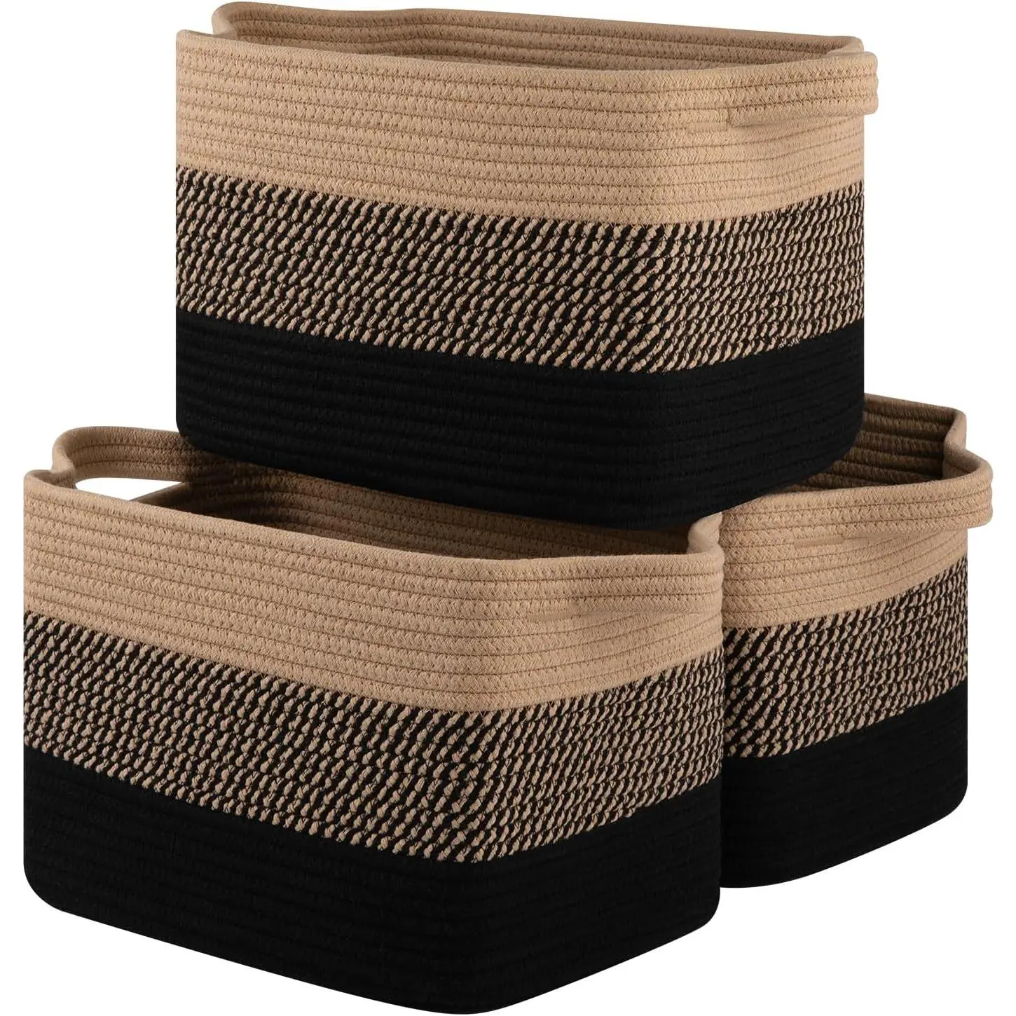 Storage Basket for Organizing, Woven Baskets for Storage, Rectangle Decorative Baskets for Shleves, Closet, Toys, Books, Nursery Organizer Bins - Pack of 3 (Black & Brown, 13"x9.85"x8.7")