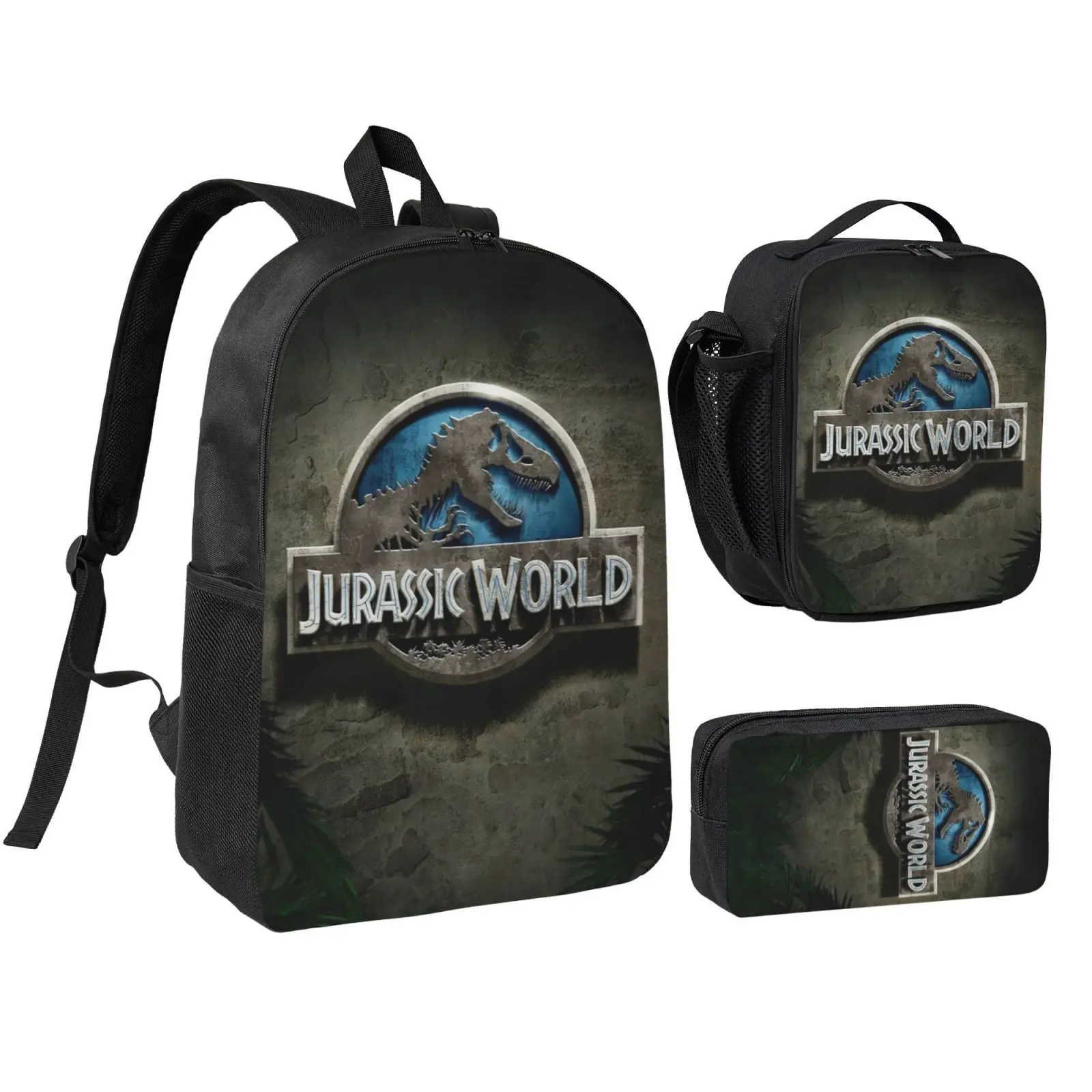 Unisex Jurassic Park 7 Graphic 3-Piece Polyester Backpack Set for Teens - Cute Waterproof School Bookbag with Zip Lunchbox, Pencil Case, Adjustable Straps, Ideal for Birthdays, Parties
