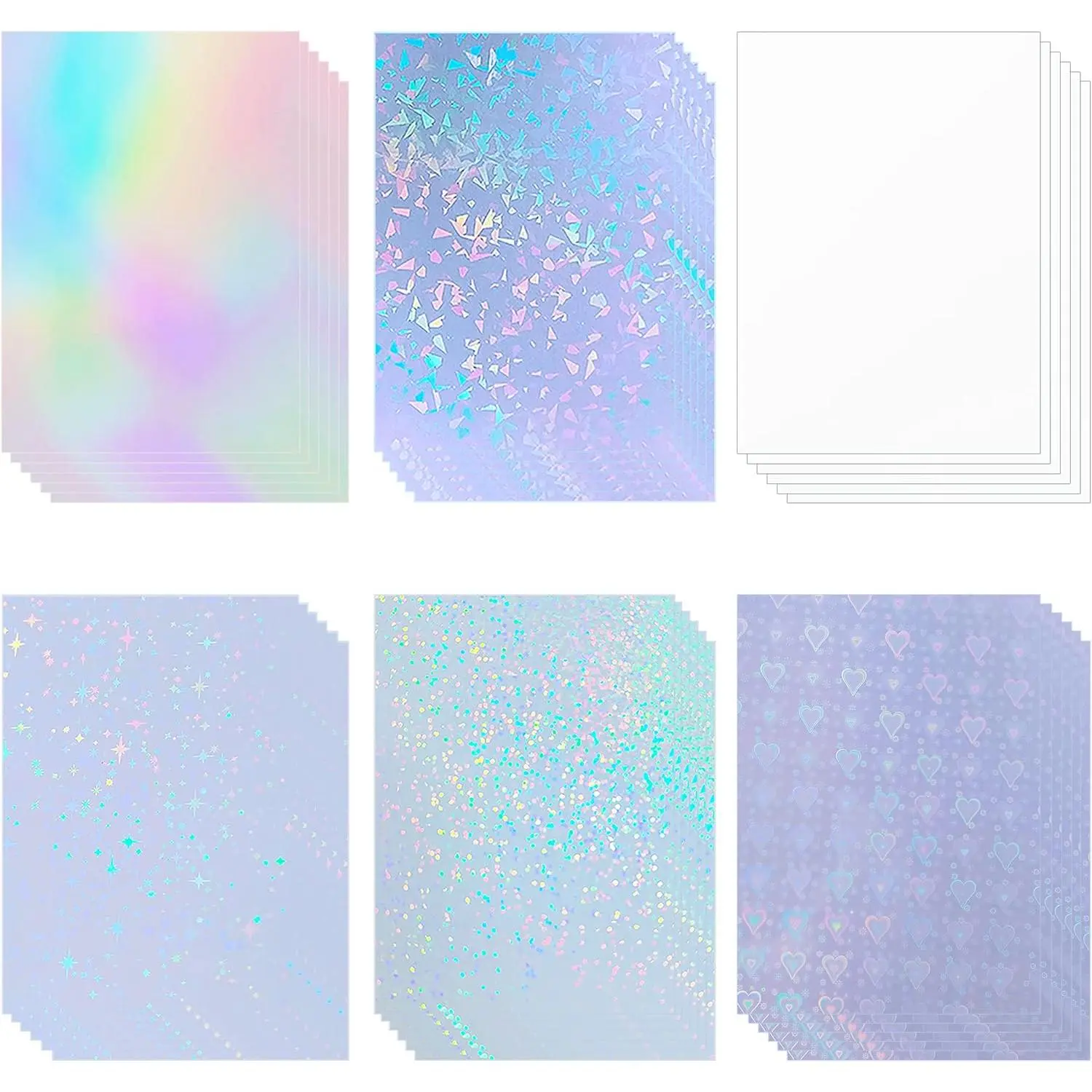 36 Sheets Holographic Sticker Paper Holographic Clear Vinyl Self Adhesive  Transparent Laminating Sheets Rainbow Overlay with A4 (11.7 x 8.3 Inch) 6 Styles