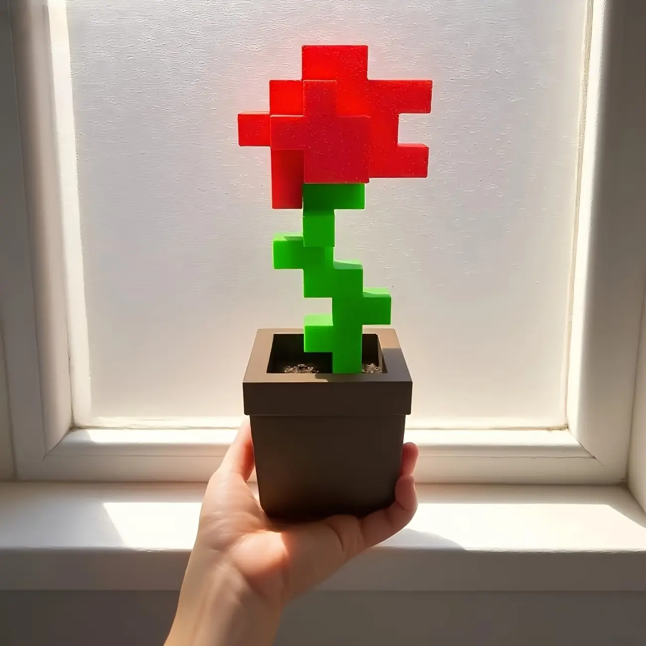 Pixel Rose Flower Decoration, 3D Printed Unique Floral Ornament, Plastic Flower for Nightstand, Desk, Office Decor, No Power Required, Plastic Roses