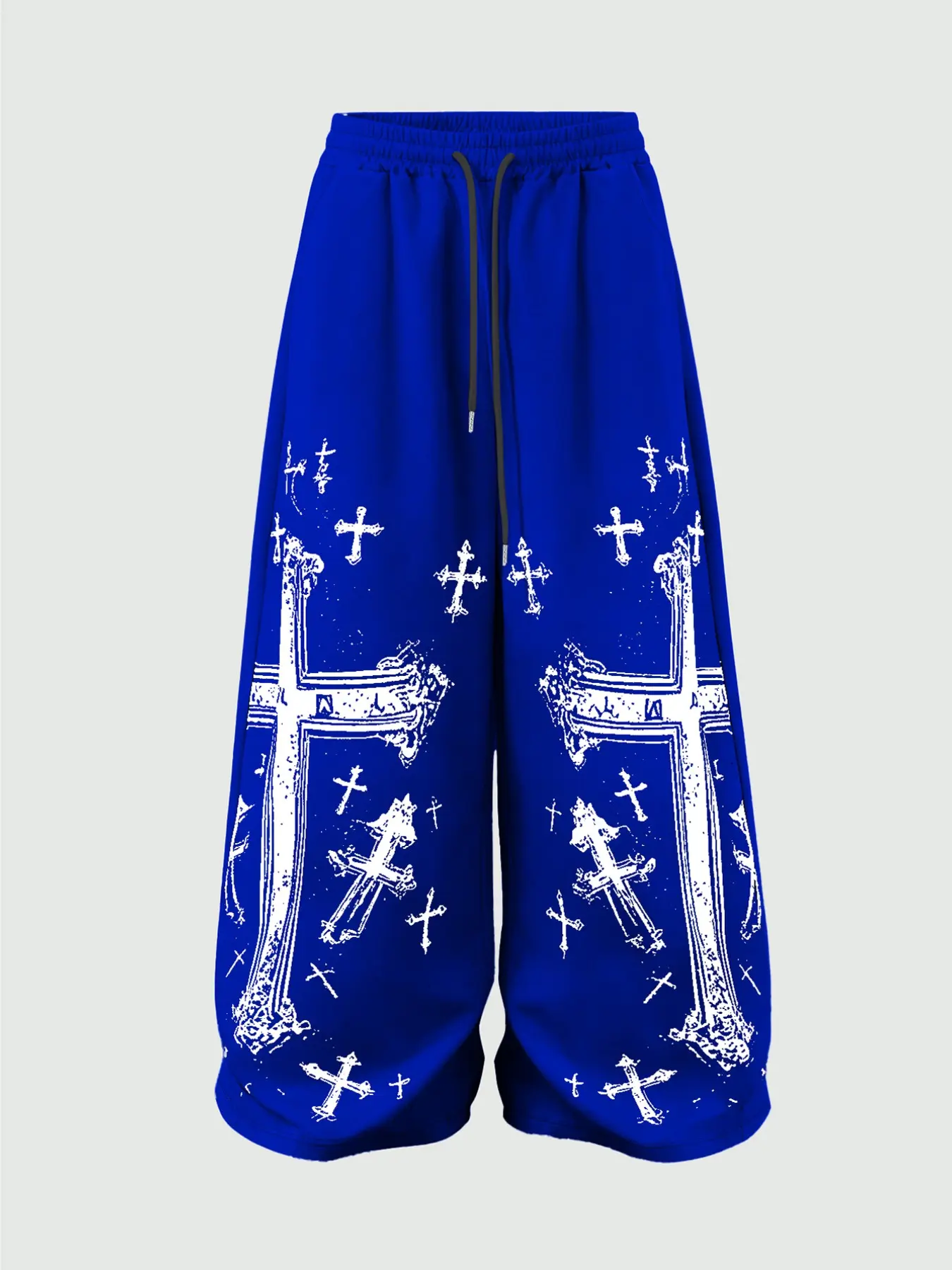 Men's Gothic Cross Print Casual Pants, Wide Leg Drop Crotch Straight Fit, Drawstring Design, Trendy Men's Fashion Bottoms