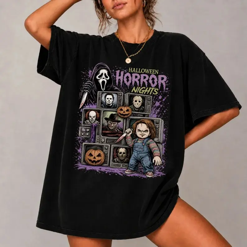 Halloween Horror Nights Shirt, Scary Classic Movie Characters Graphic Tee, Spooky Season Apparel, Unisex Casual Short‑Sleeve T‑Shirt, Creepy Fall Outfit, Horror Fan Top, Perfect Halloween Party Gift for Men & Women