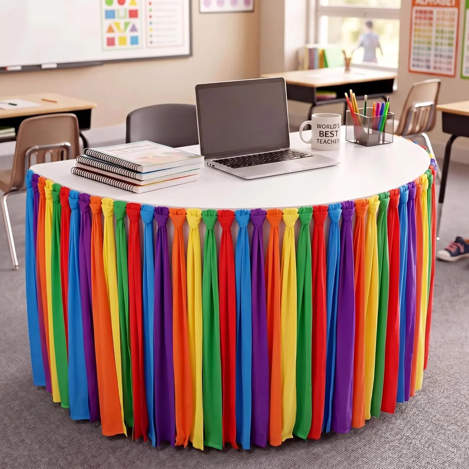 14 ft x 30 Inch Chic Rainbow Table Skirt for Teacher Desk