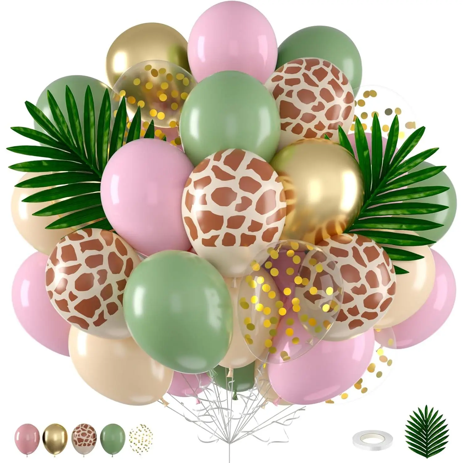 Safari Balloons, 12 Inch Sage Green Pastel  Balloons, with Jungle Leaves Giraffe Print Balloon Metallic  Confetti Balloon for Girls  Shower  Woodland  Birthday Party Decor