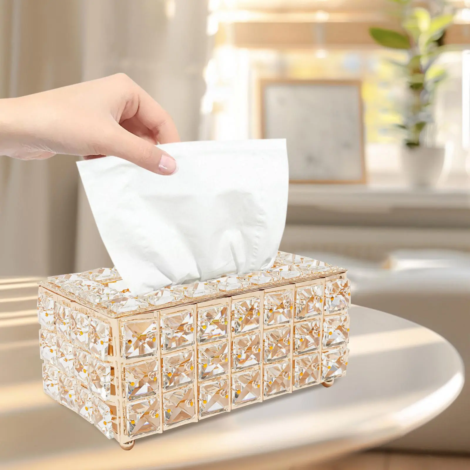 Glam White Rectangular Electroplated Crystal Iron Tissue Box Cover with Lid Closure - 20.5*12*9.5cm Durable Compact Fit Home Organizer, Gold Accents, for Dresser Tabletop, Car Dining Room Facial Tissue Dispensing
